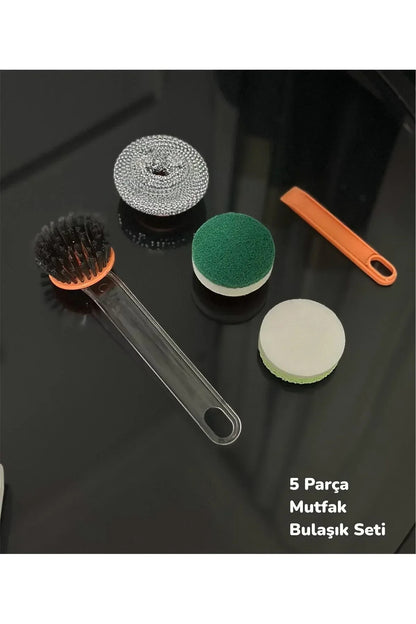 5 Parça Mutfak Bulaşık Temizlik Seti - Bulaşık Süngeri , Tel , Fırça Ve Kazıyıcı Bir Arada